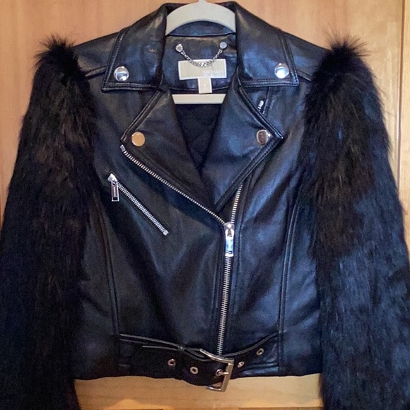 Michael Kors Leather Jacket with Furry Sleeves - Picture 6 of 10